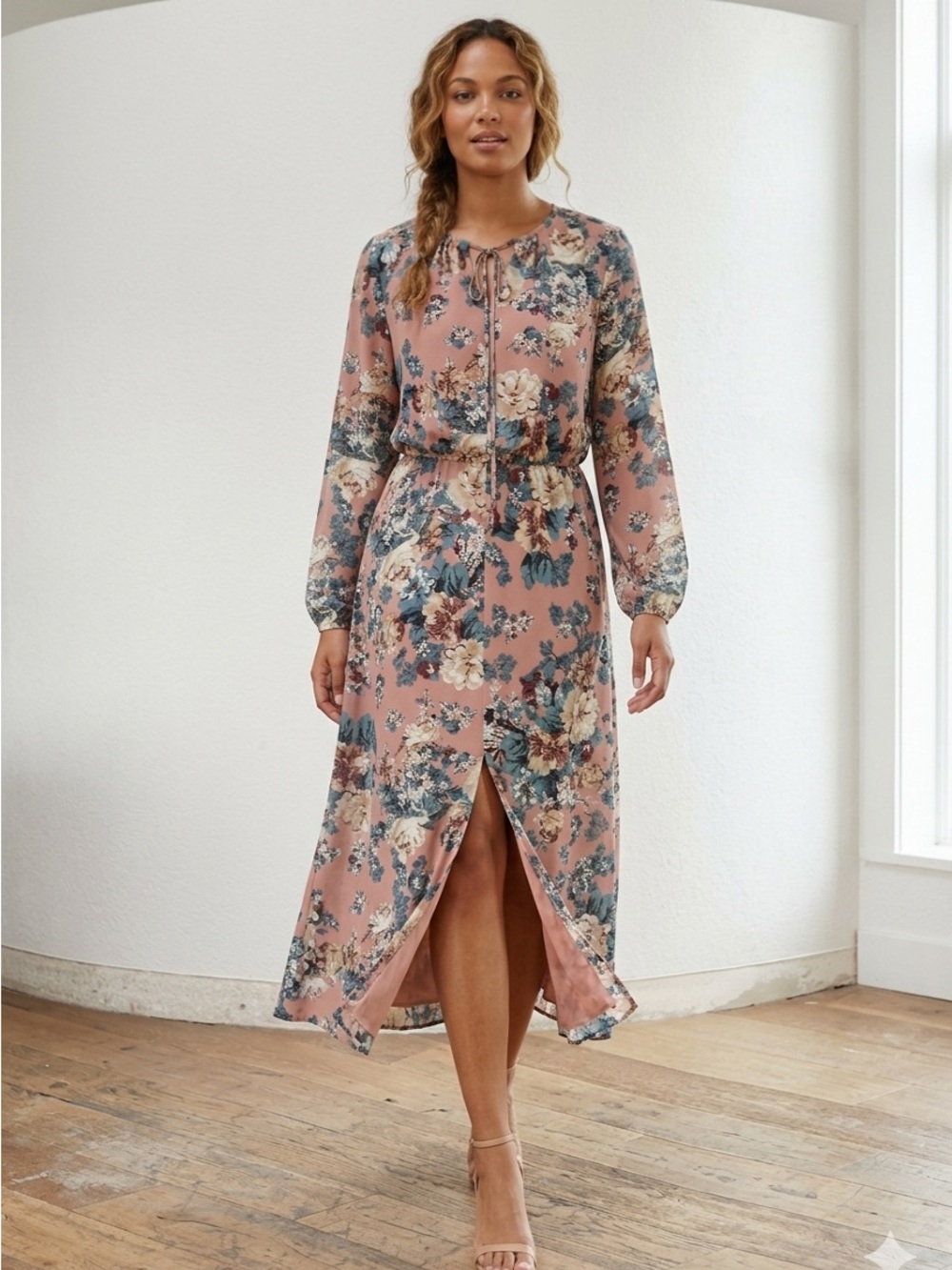 Wayf Bohemian Dusty Rose Floral Long-Sleeve Midi Dress S Front Slit Sheer